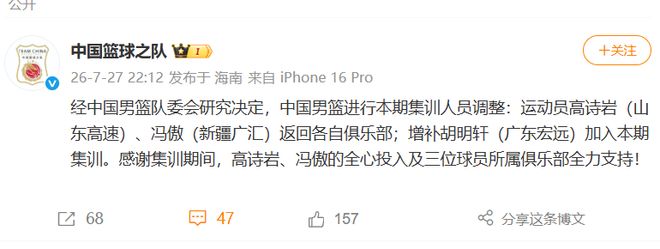 中国男篮队宣布本期集训人员调整:运动员高诗岩(山东高速)、冯傲(新疆广汇)返回各自俱乐部;增补胡明轩(广东宏远)加入本期集训